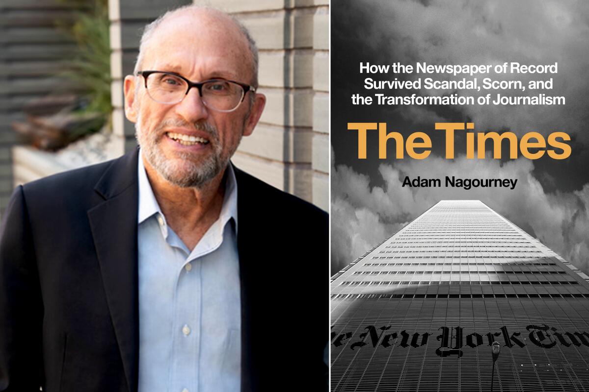 Adam Nagourney, a thin man with a salt and pepper beard in a suit with no tie, and his new book, 'The Times.'