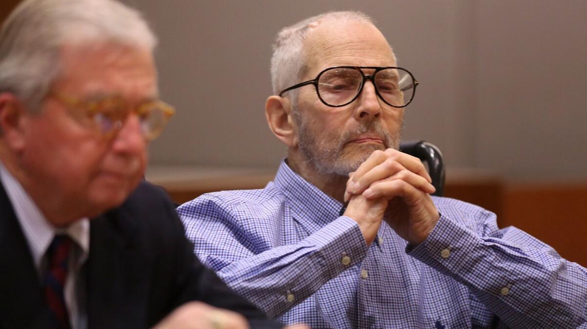Robert Durst in a court appearance in his murder case last month. He is charged with killing his longtime confidant, writer Susan Berman.