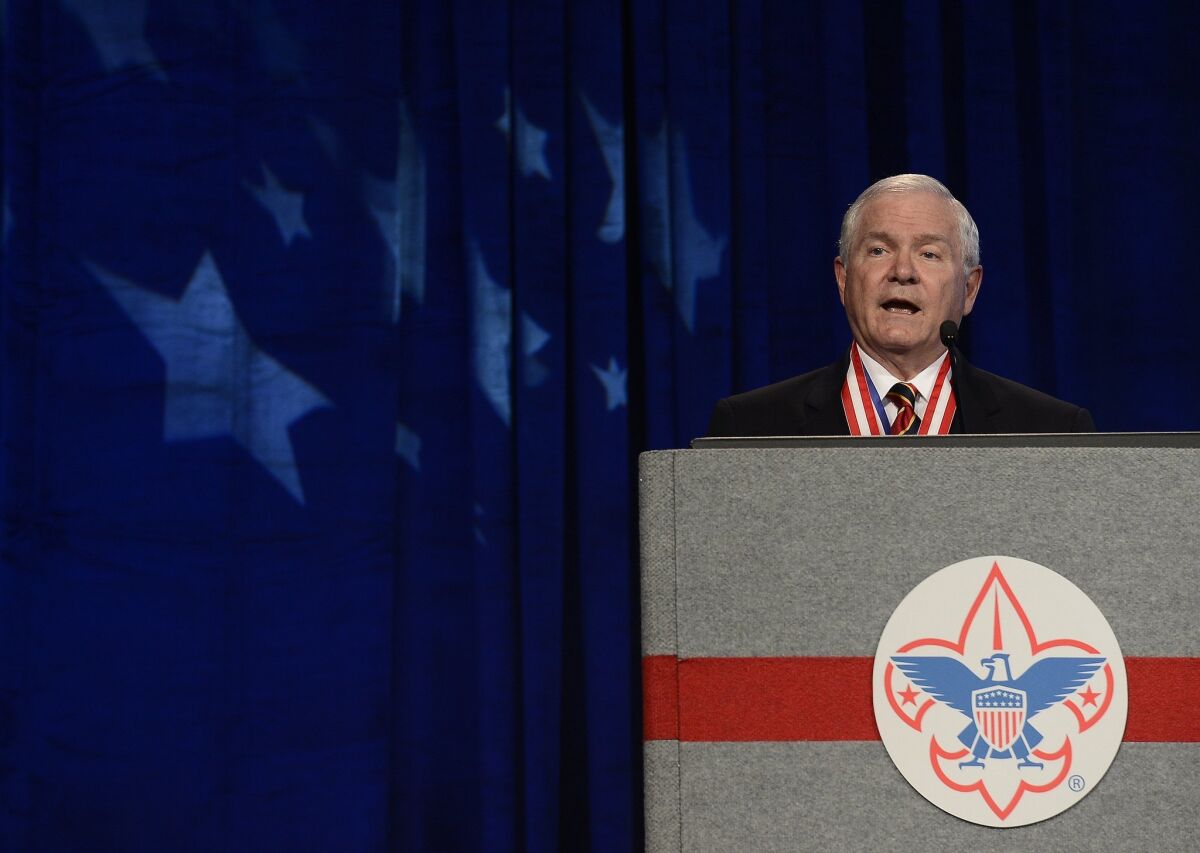 Former Defense Secretary Robert Gates addresses the Boy Scouts of America's annual meeting in Nashville in 2014, after being selected as the organization's new president. Gates said Thursday that the Scouts' ban on participation by openly gay adults was no longer sustainable.