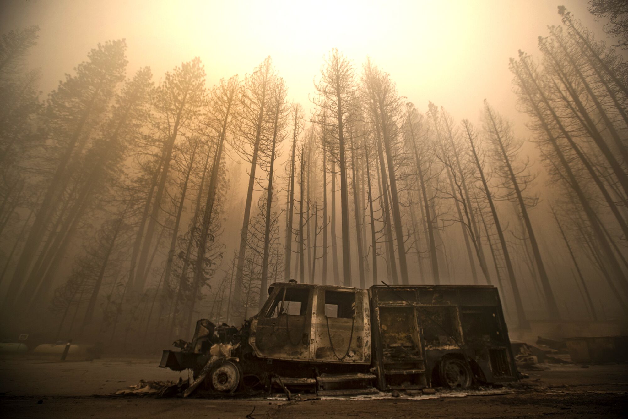 A burned fire truck is framed by trees destroyed in the Dixie fire in Greenville.
