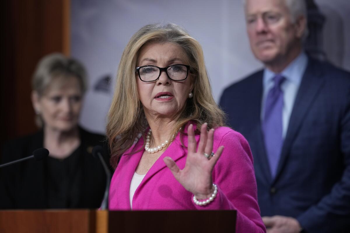 Senator Marsha Blackburn gestures as she speaks