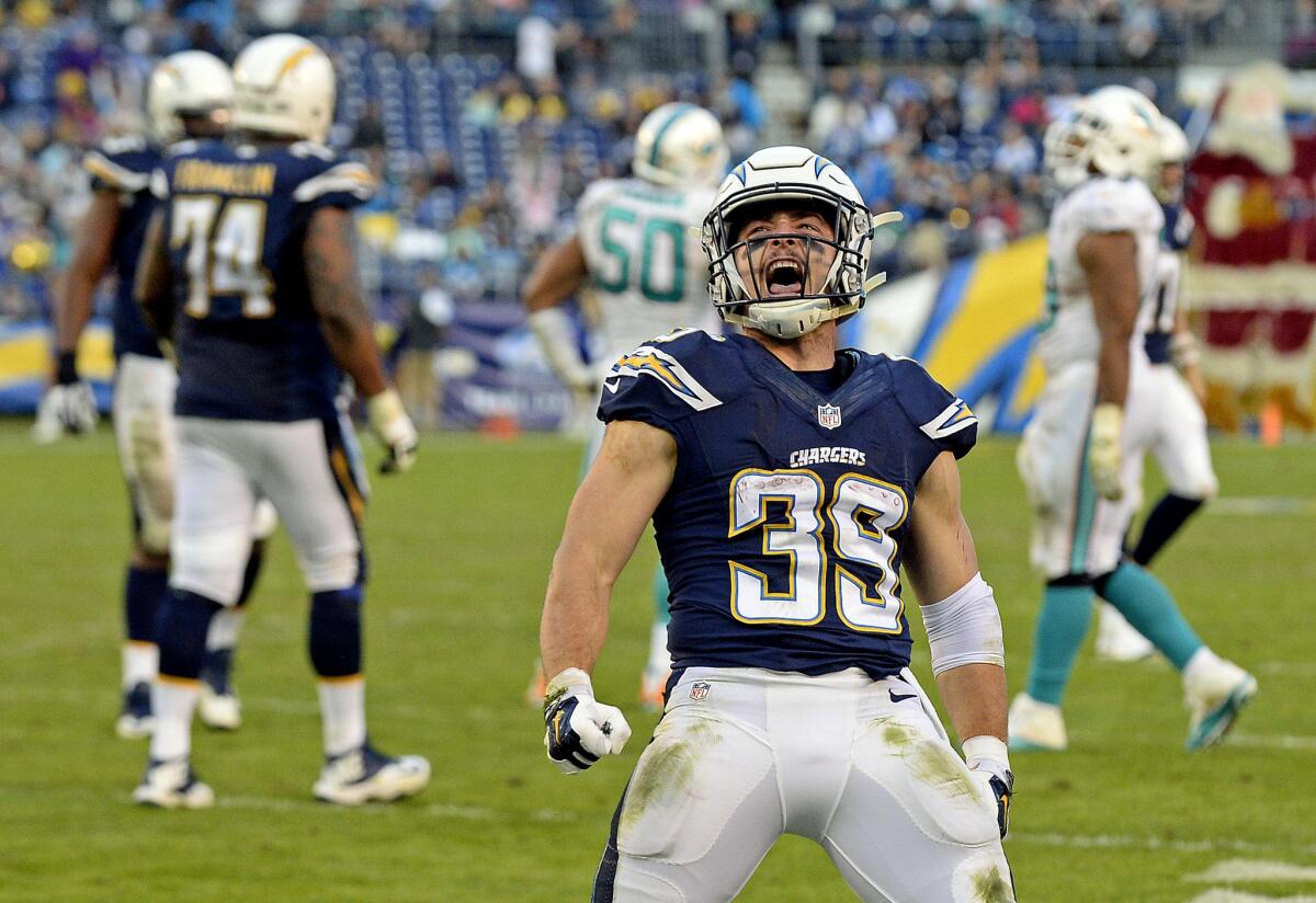 Running back Danny Woodhead had three receiving and one rushing touchdown against the Miami Dolphins on Dec. 20.