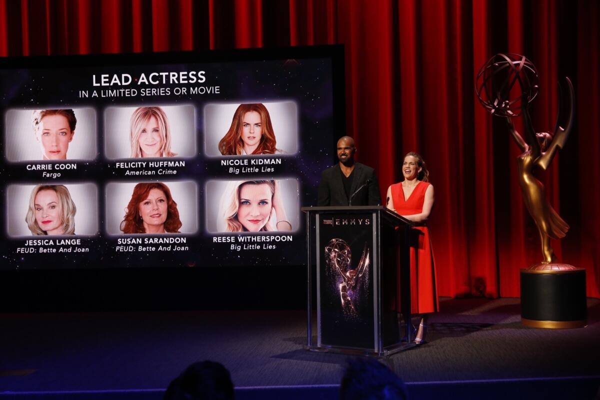 Anna Chlumsky and Shemar Moore announce last year's Emmy nominations at the Television Academy's Wolf Theatre.
