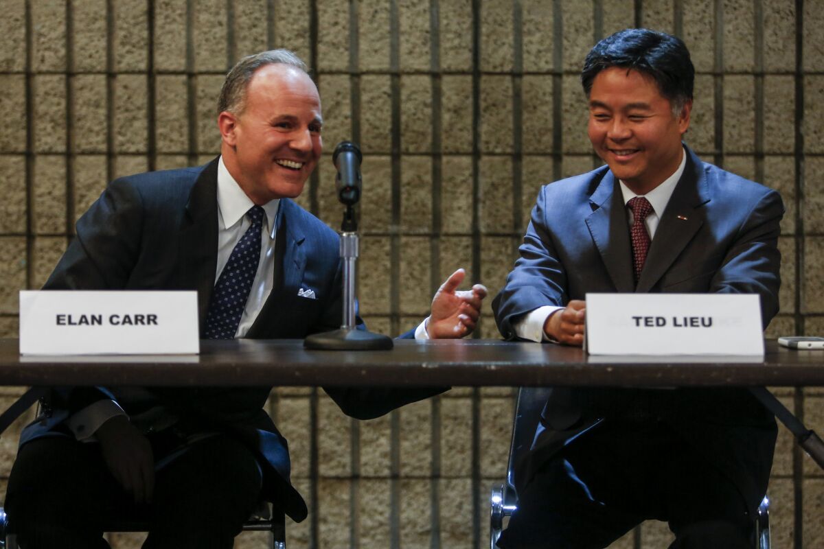 U.S. congressional candidates Elan Carr and state Assemblyman Ted Lieu took part in a forum hosted by the League of Women Voters in Rancho Palos Verdes on Oct. 8. The two were cordial throughout the forum and shook hands at the end.