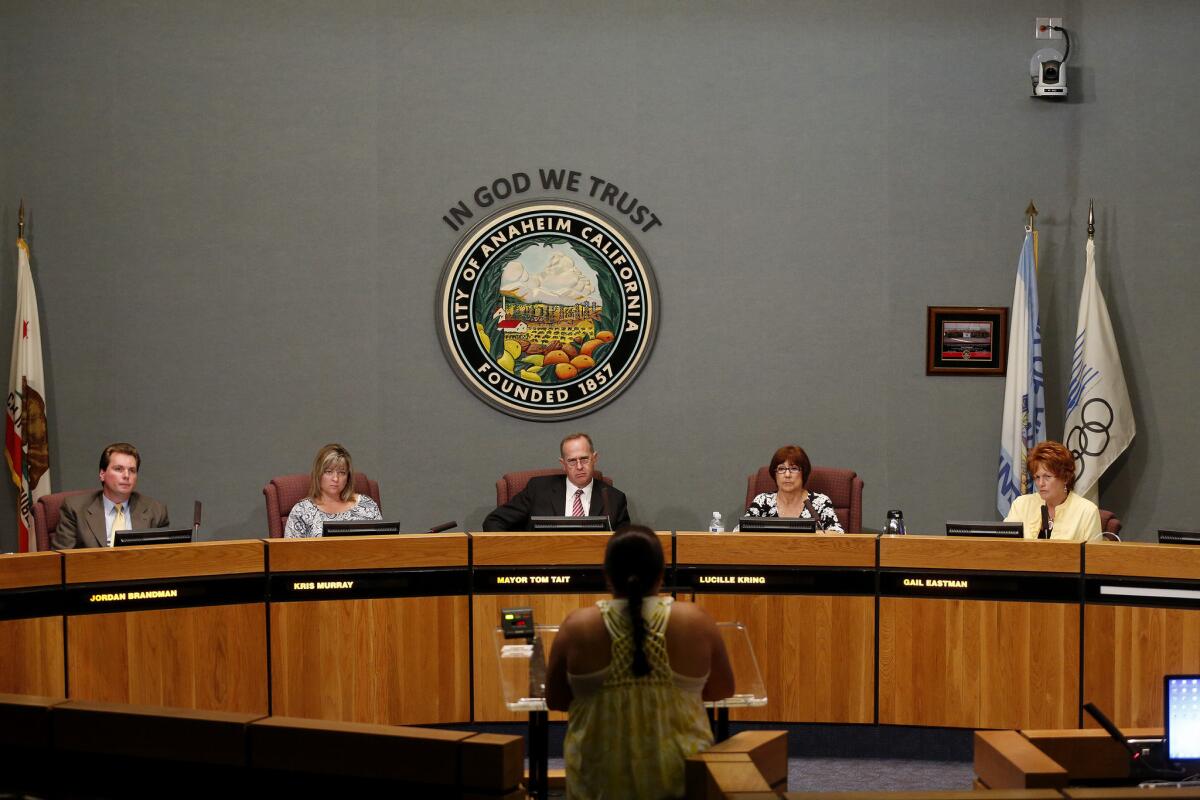 The Anaheim City Council meets last July.