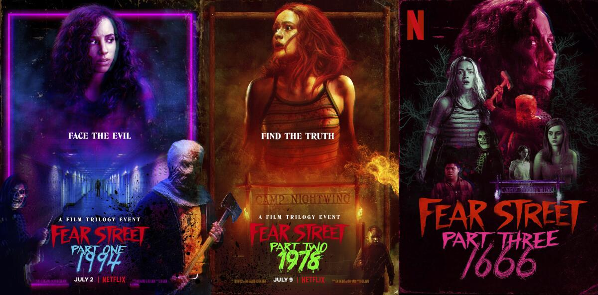 This combination photo shows promotional art for "Fear Street," a three-part horror event on Netflix. (Netflix via AP)