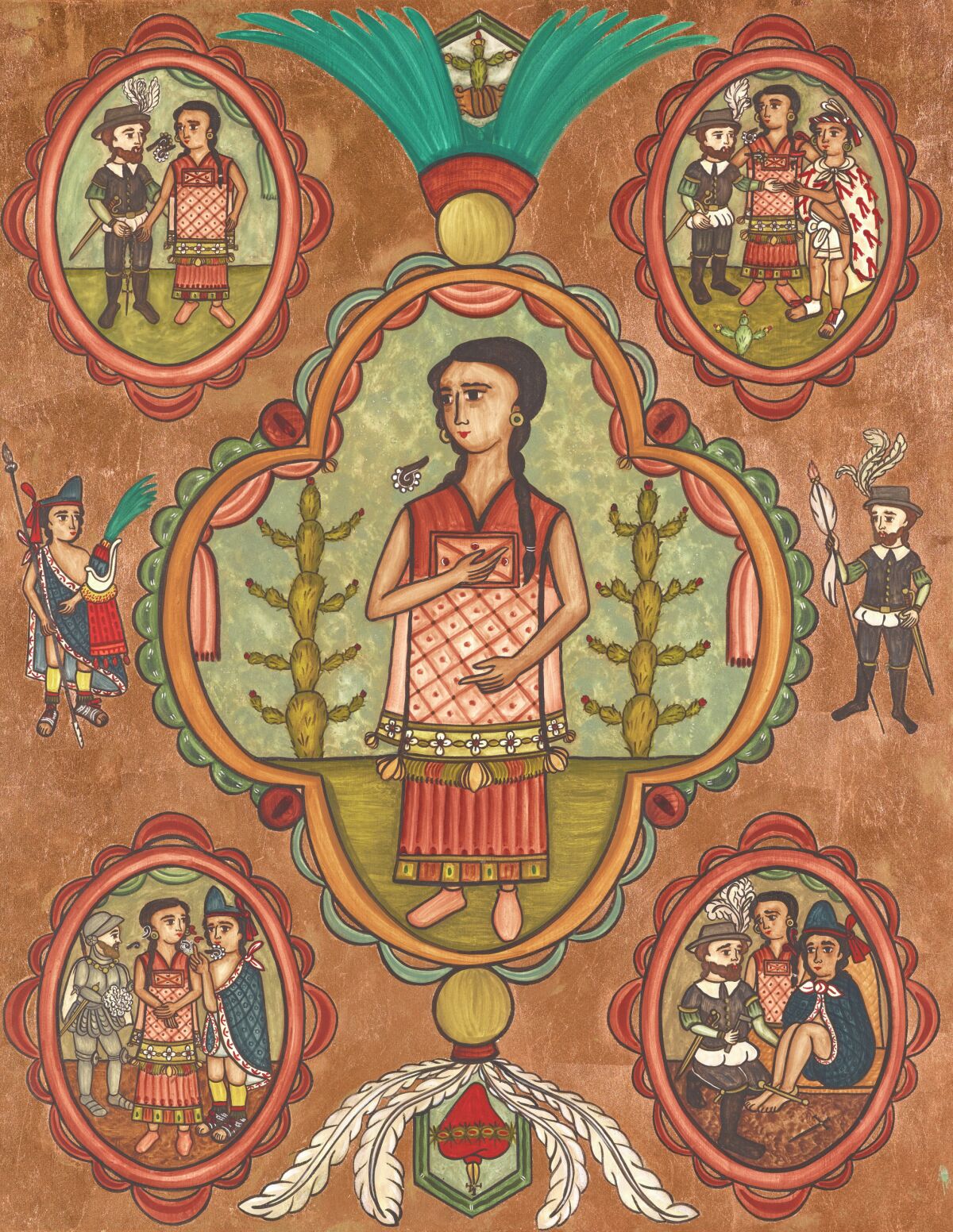 A painting shows Malinche framed by a pair of prickly pear cactus and surrounded by bubbles showing scenes from her life.