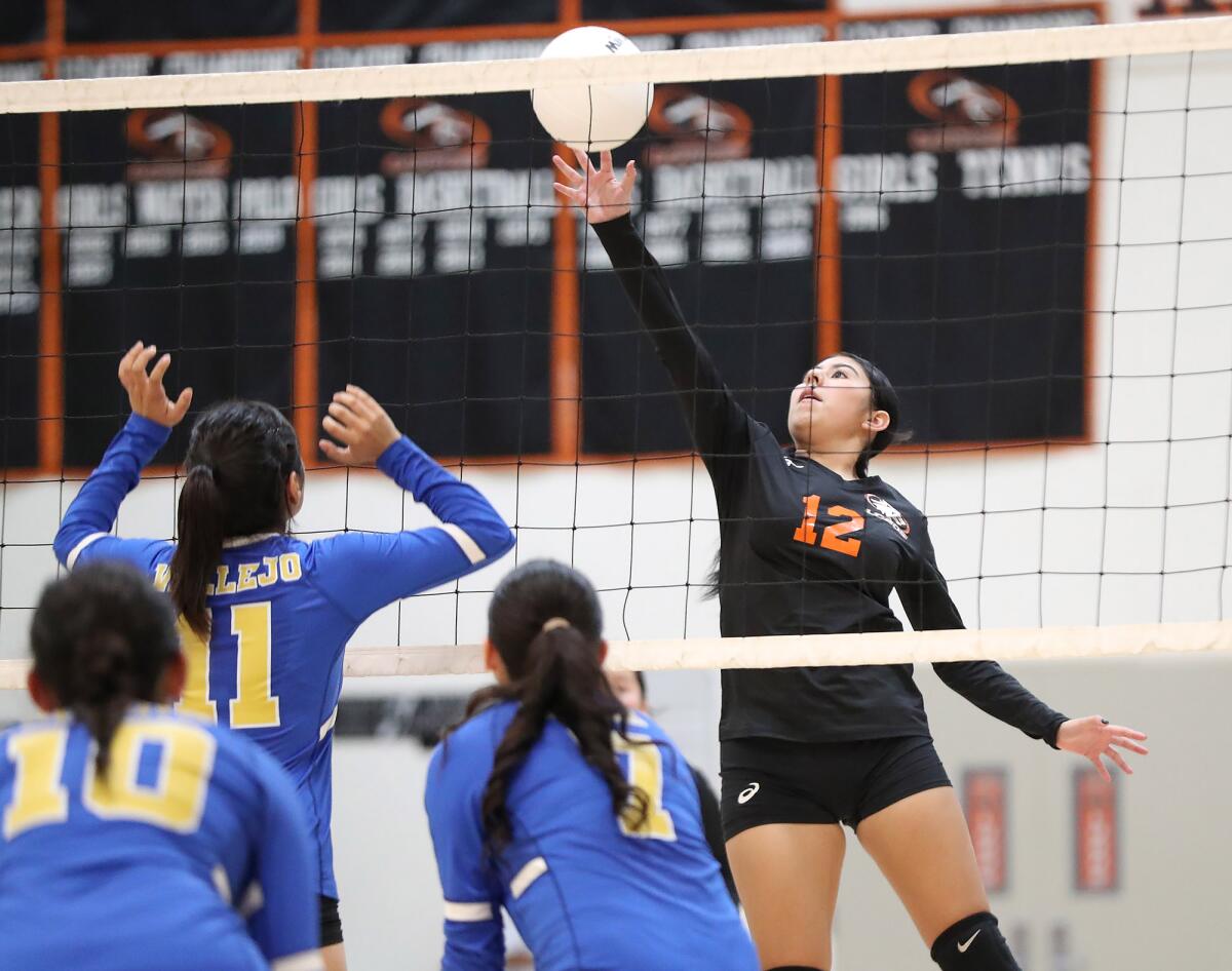 Los Amigos' Natalie Tagle tips a shot over the net during the wildcard round of the CIF Southern Section Division 8 playoffs.
