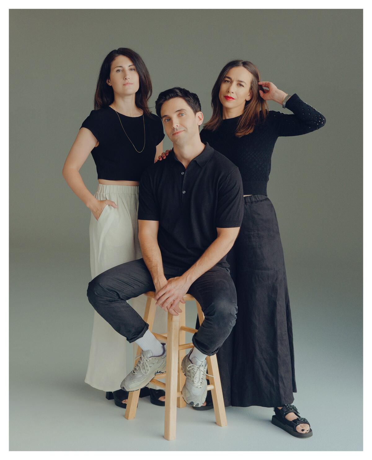 A portrait of "Hacks" showrunners Jen Statsky, Paul W. Downs and Lucia Aniello. 