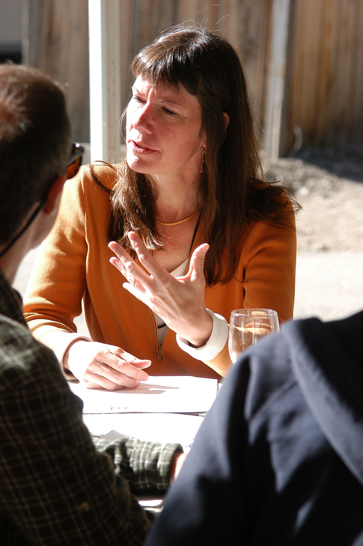 A woman seated at a table talking.