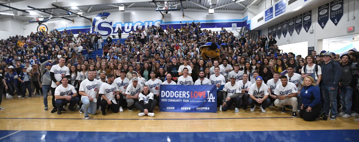 Naomi Rodriguez, bottom right, and the Dodgers visited Saugus High School for a pep rally Jan. 24.