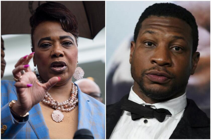 Split: left, Bernice King wears a blue and brown plaid blazer with a pearl and bronze necklace; right, Jonathan Majors wears