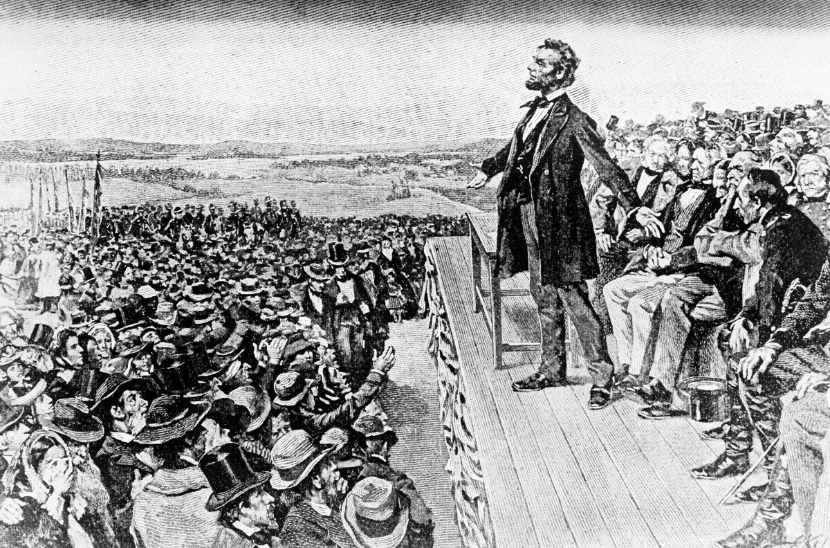 Illustration depicts President Abraham Lincoln making his Gettysburg Address 