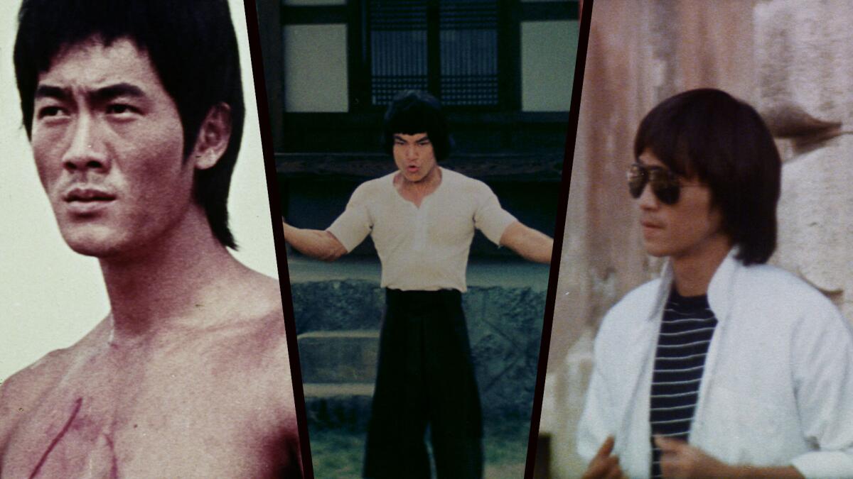 Three shots of Bruce Lee striking martial-arts poses.