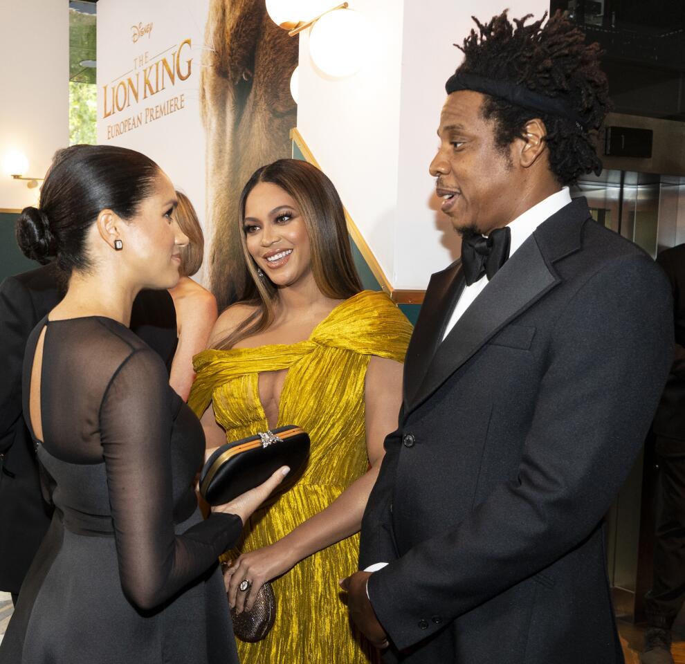 Meghan, Duchess of Sussex meets Beyonce Knowles-Carter and Jay-Z at the European premiere of Disney's "The Lion King" at Odeon Luxe Leicester Square on July 14, 2019, in London, England.