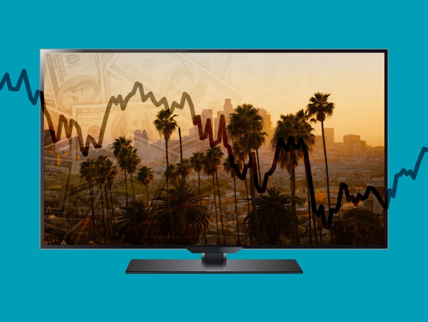 photo illustration of a television showing an image of Los Angeles overlaid with a fever chart line