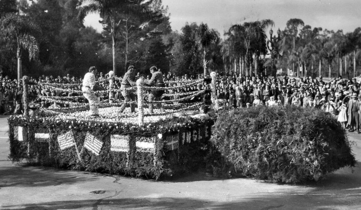 Jan. 1, 1932: A city of Inglewood float titled "Boxers" in the Rose Parade. Written on the float was "Inglewood Challenges the World."