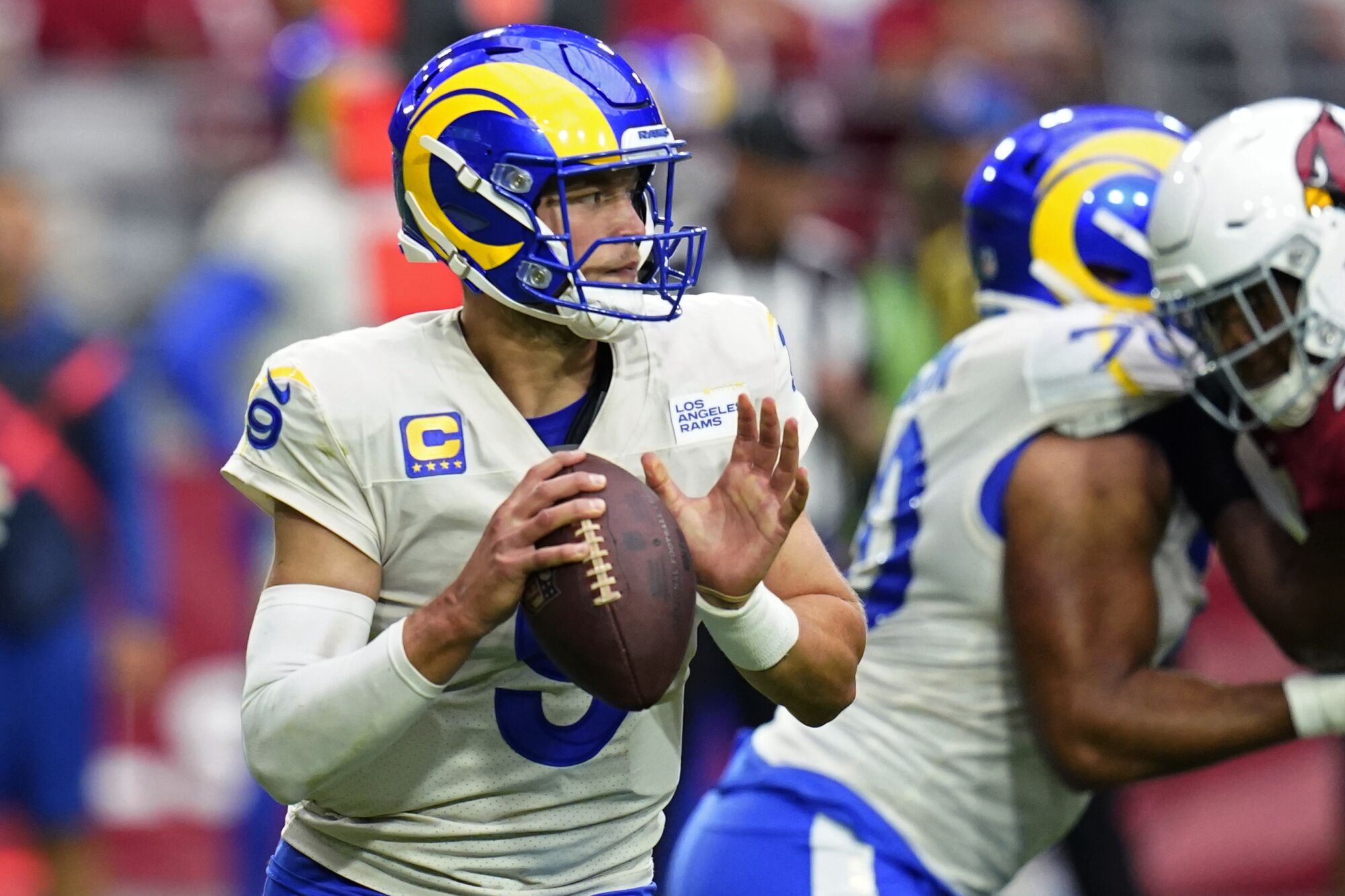 Rams quarterback Matthew Stafford looks to pass during a 20-12 victory over the Arizona Cardinals.