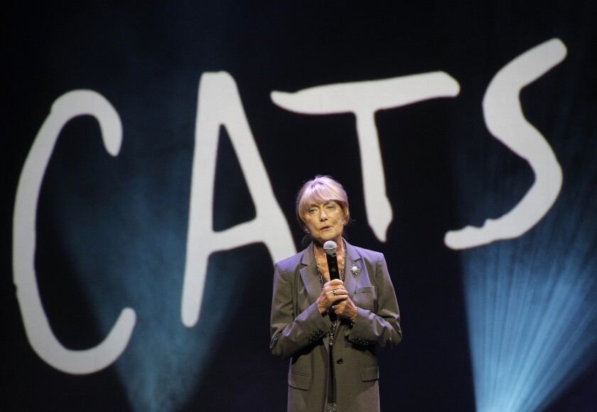 Choreographer Gillian Lynne speaks during a press presentation to promote the musical "Cats" in Paris on April 27, 2015.