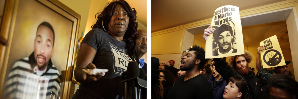 At left, Tritobia Ford speaks next to a framed photo of her slain son, Ezell Ford. At right, people protest the shooting death of Mario Woods.