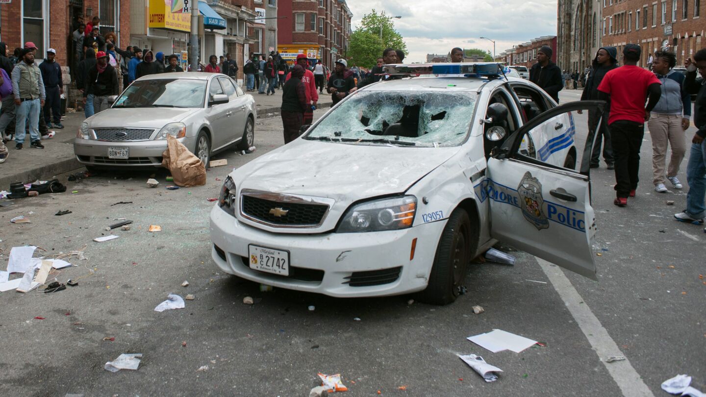 Shown is a Baltimore police car that was damaged Monday during a protest over the death of Freddie Gray.