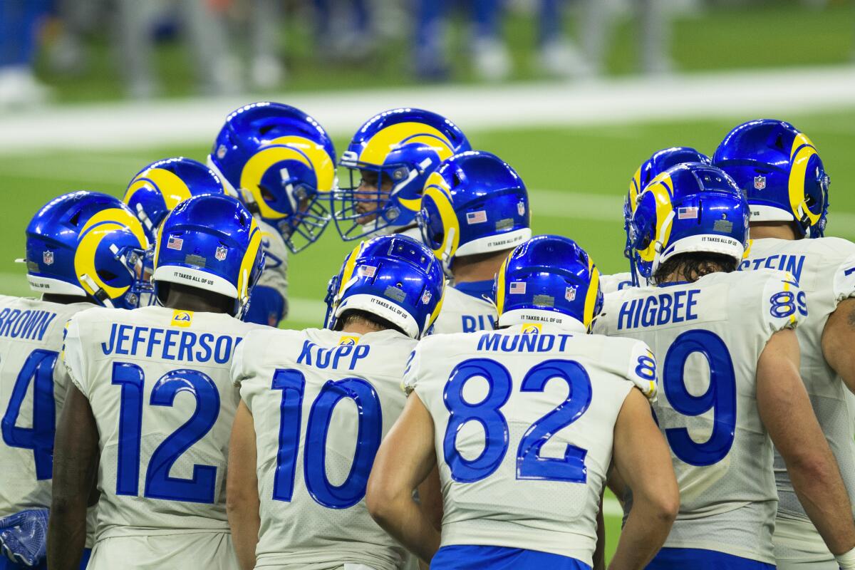 Los Angeles Rams players' helmets  