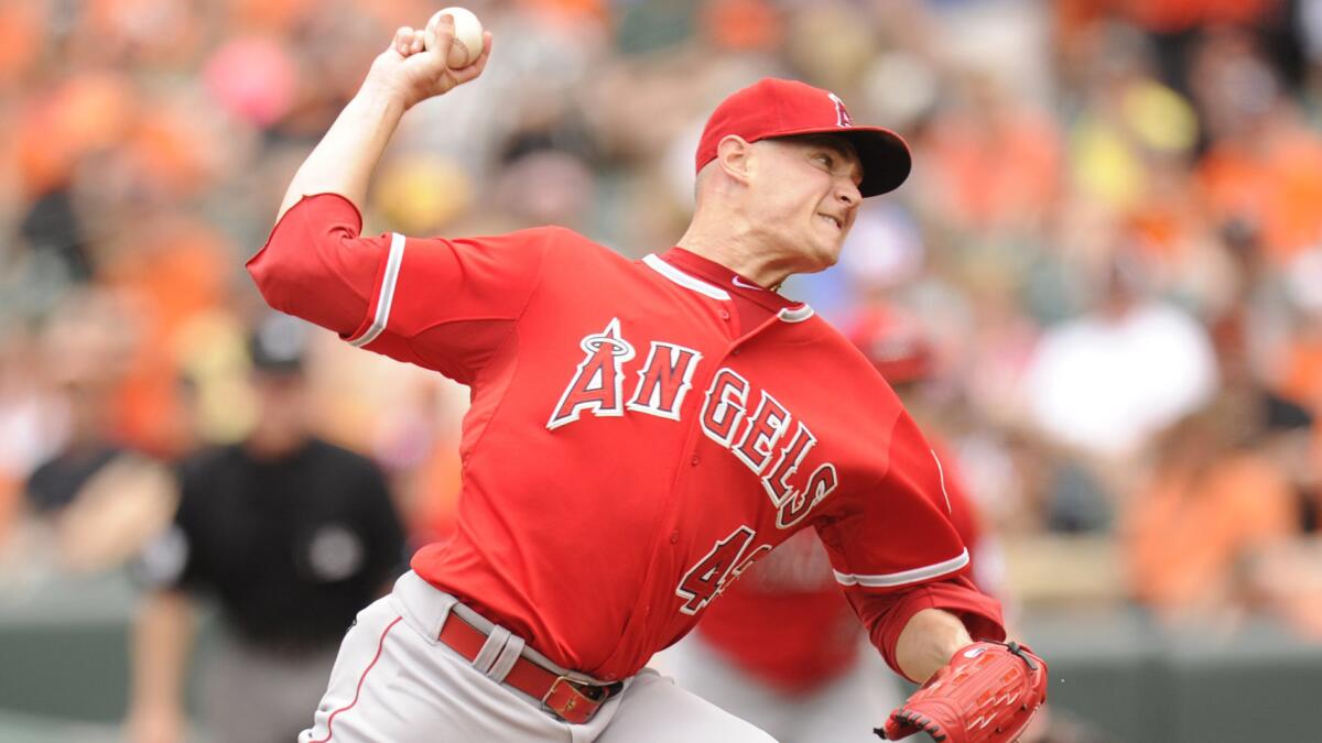 Angels starter Garrett Richards delivers a pitch during the first inning of a 3-0 loss to the Baltimore Orioles on Sunday.