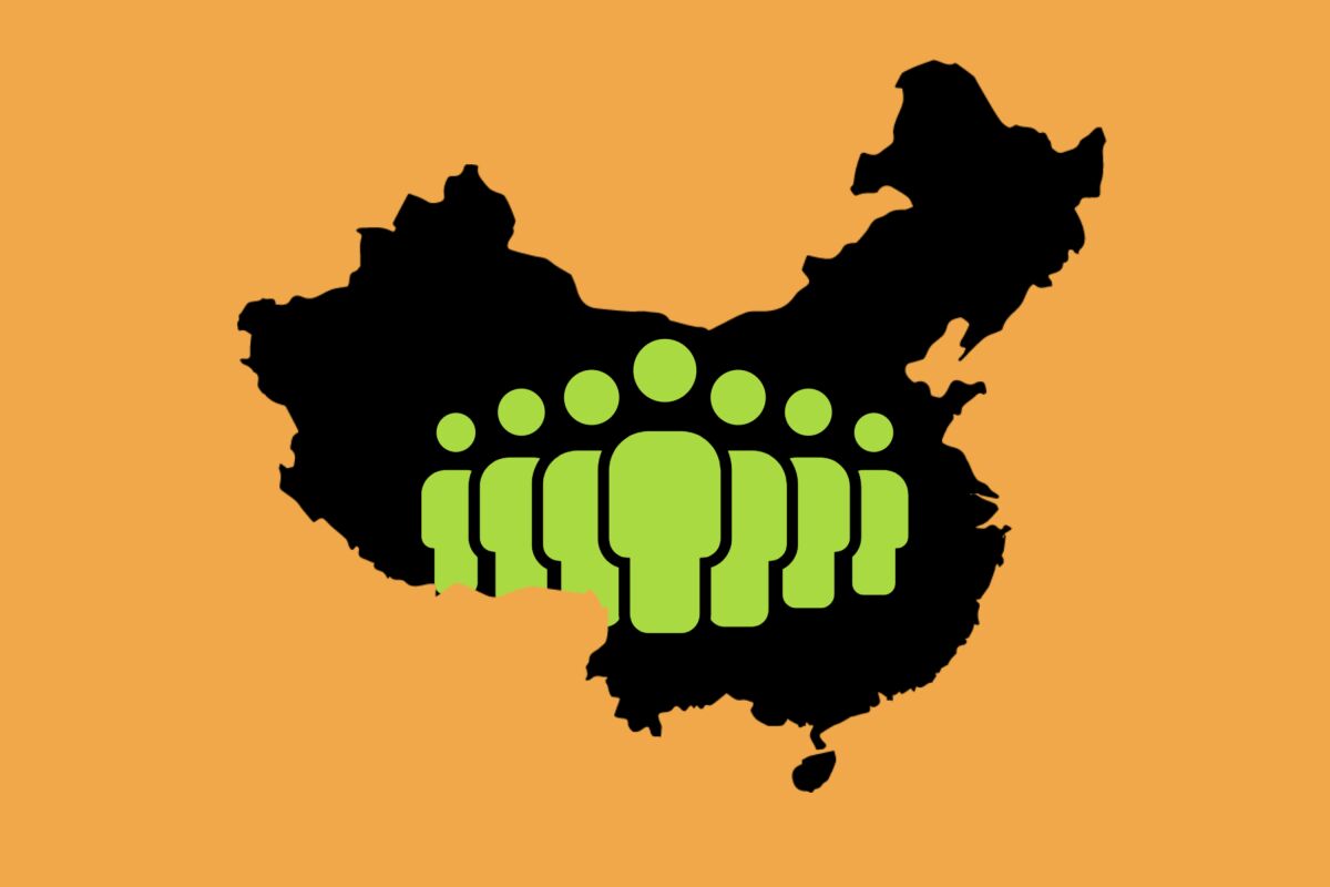 Illustration of the map of China with stylized silhouettes of people on it