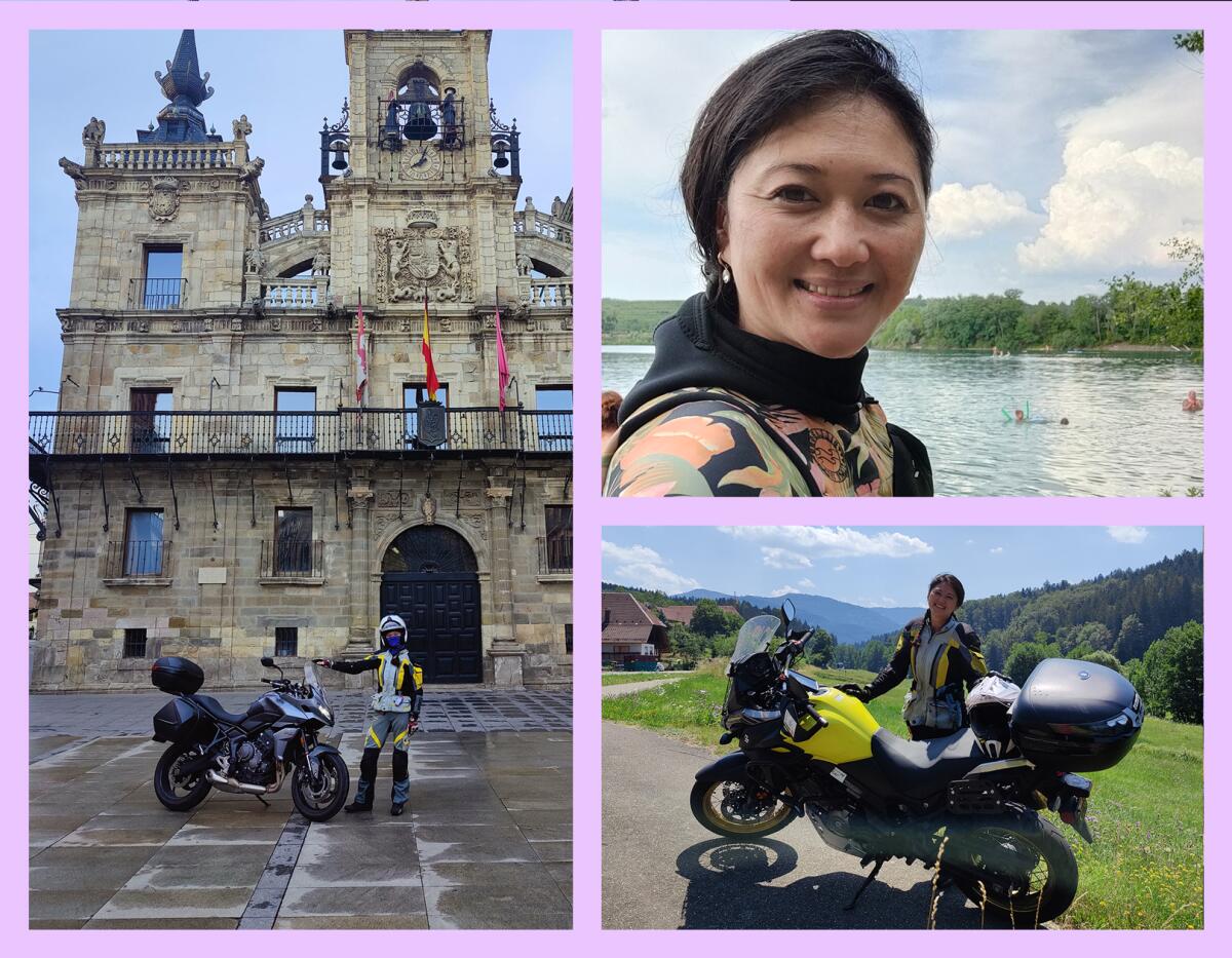 Three photos of Queena Quý at various locations with her motorcycle