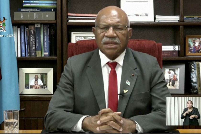 FILE - This image taken from video provided by Fiji Prime Minister's Office shows Prime Minister Sitiveni Rabuka speaking at Government Buildings in Suva, Fiji, on Dec. 29, 2022. Fiji's leader indicated Wednesday, June 7, 2023 his nation is reconsidering its security ties with China at a time that geopolitical tensions in the Pacific are rising. (Fiji Prime Minister's Office via AP, File)