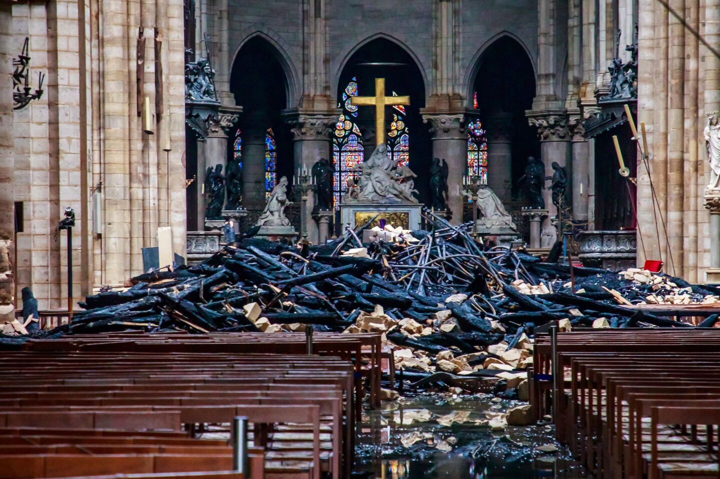 Debris fills the interior of the cathedral following a 12-hour firefight.