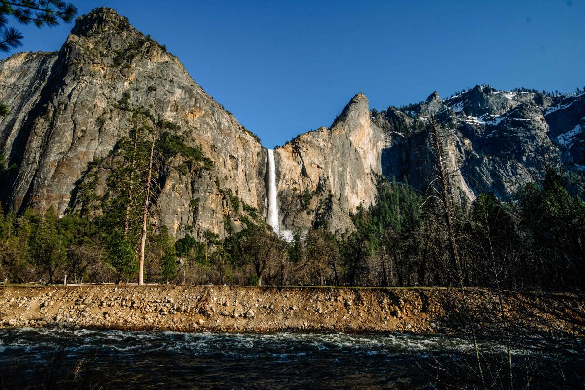 A wide view of Bridalveil Falls at Yosemite.