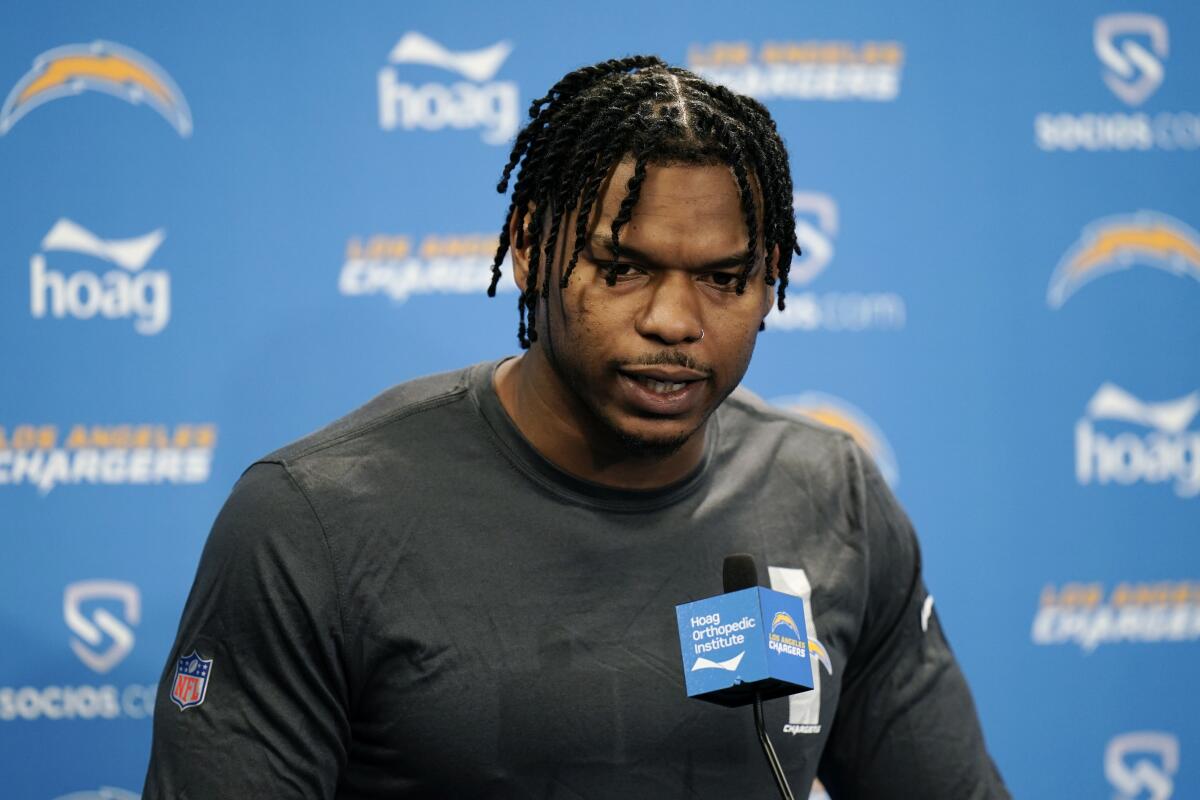 New Chargers tight end Gerald Everett speaks during a news conference Monday.