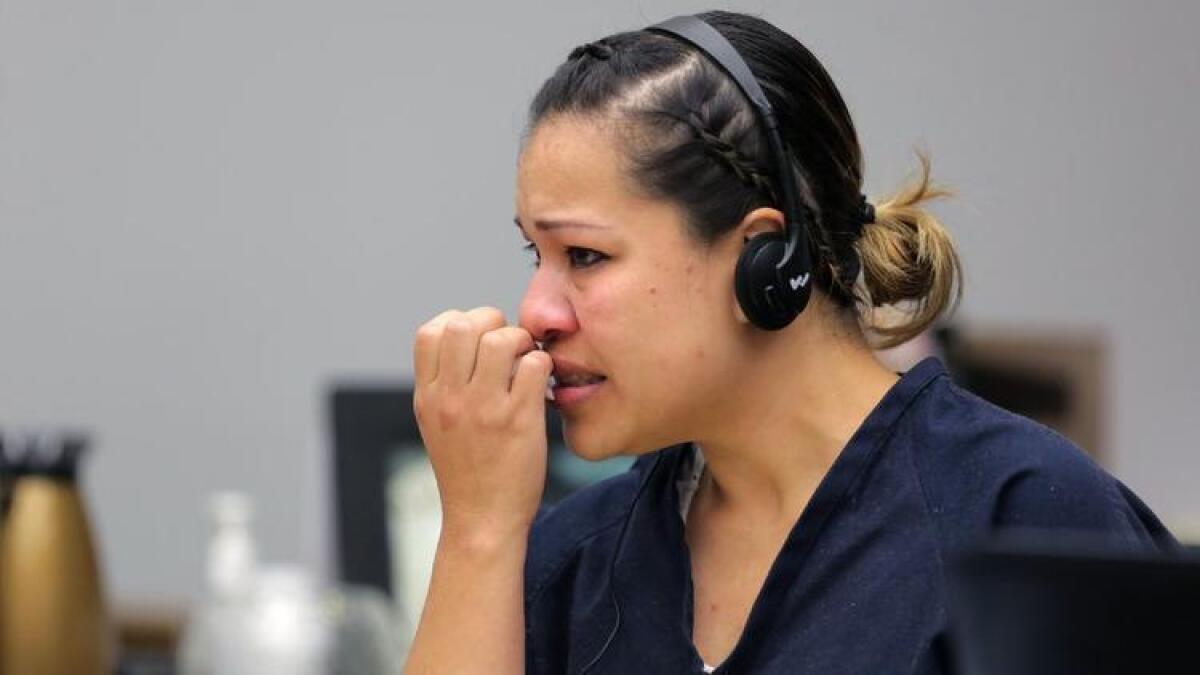 Esteysi Sanchez cries during her preliminary hearing at the San Diego County courthouse in Vista.