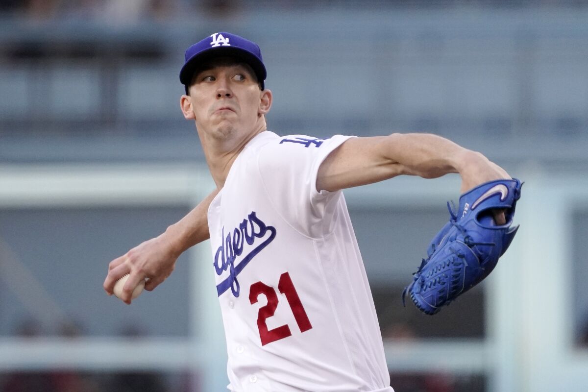 Dodgers starting pitcher Walker Buehler throws during the first inning  July 10, 2021, in Los Angeles.