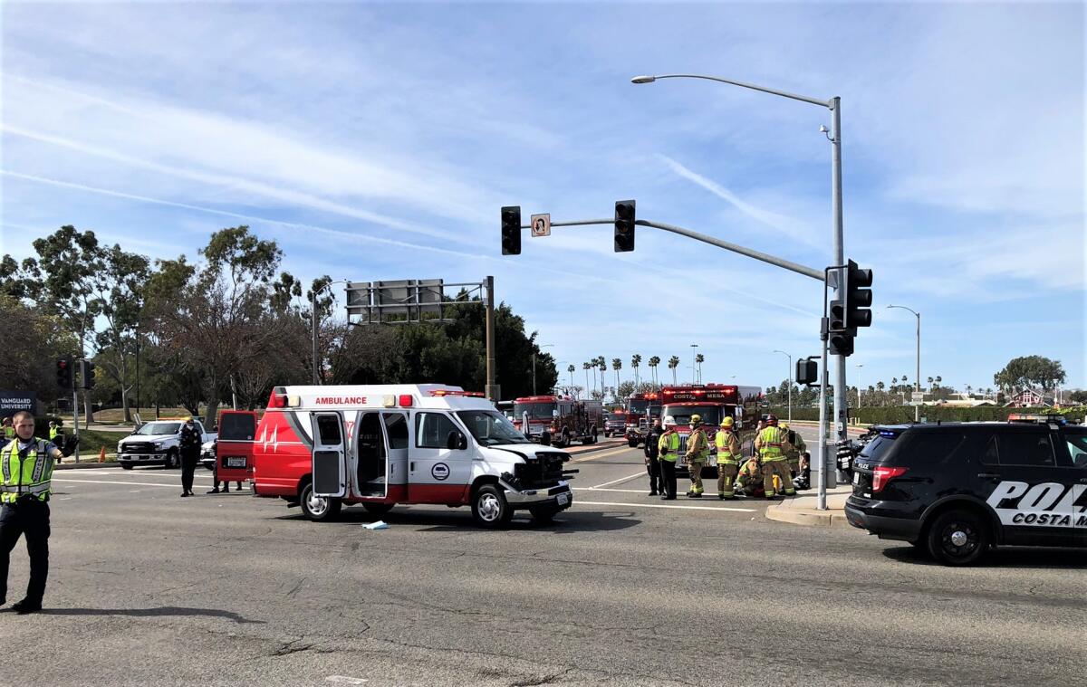 An ambulance and vehicle collided Tuesday near the intersection of Newport Boulevard and Fair Drive.