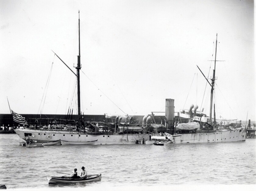 The gunboat Bennington grounded on mud flats after the explosion.