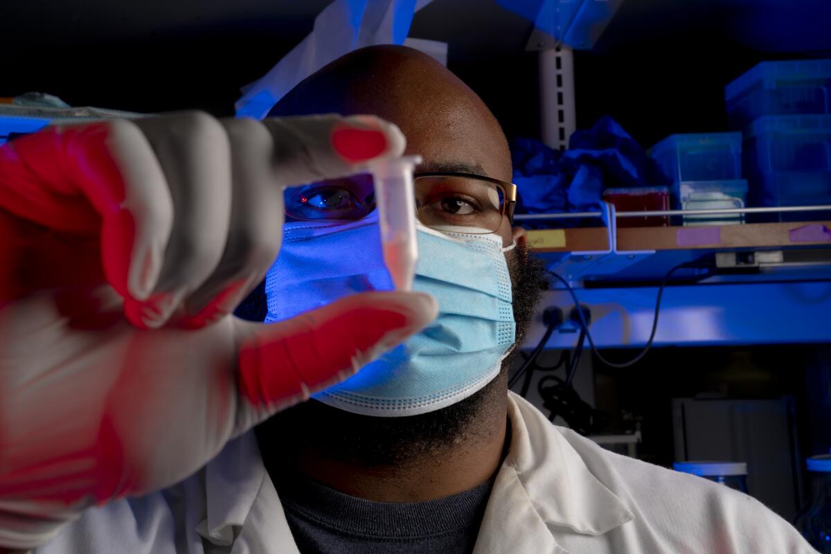 UC San Diego bioengineering graduate student Jervaughn Hunter works in his lab at the Sanford Consortium in La Jolla.