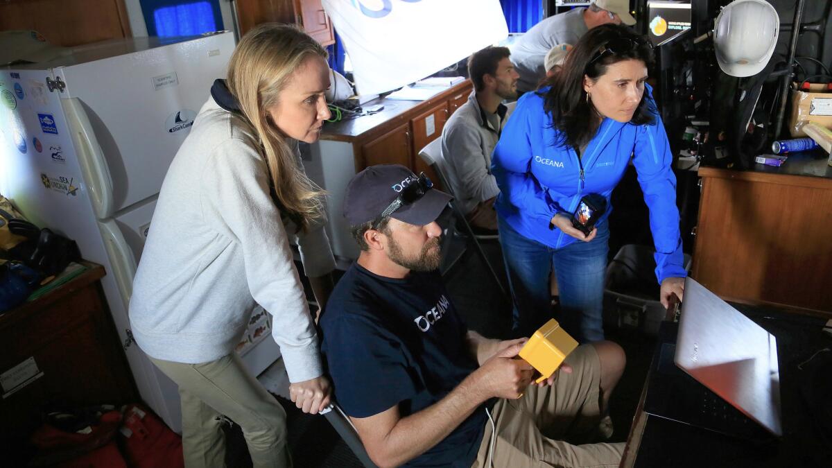 From left, senior advisor for Oceana Alexandra Cousteau, California campaign director Geoff Shester and Pacific Policy and Communications Manager Ashley Blacow get a clear view of the ocean floor through images being fed back from the Beagle ROV.