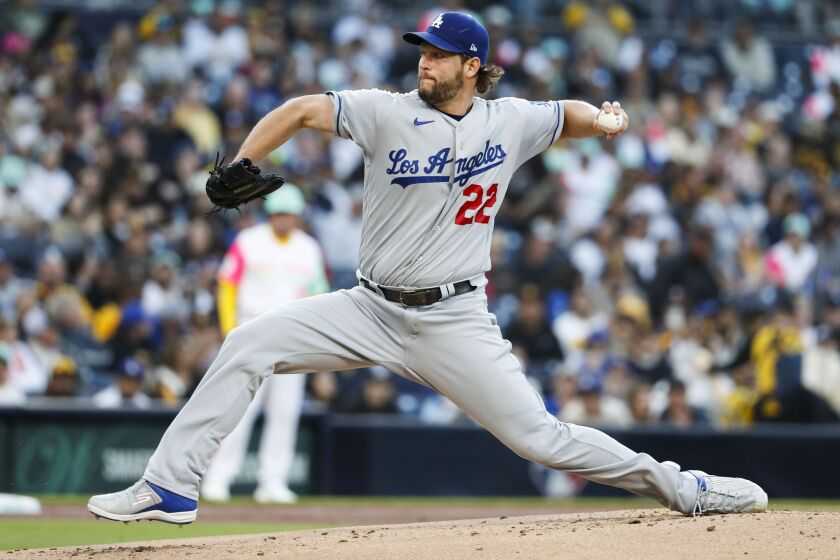 San Diego, CA - May 05: Dodgers starting pitcher Clayton Kershaw (22) pitches against the Padres during the first inning at Petco Park on Friday, May 5, 2023 in San Diego, CA. (Meg McLaughlin / The San Diego Union-Tribune)