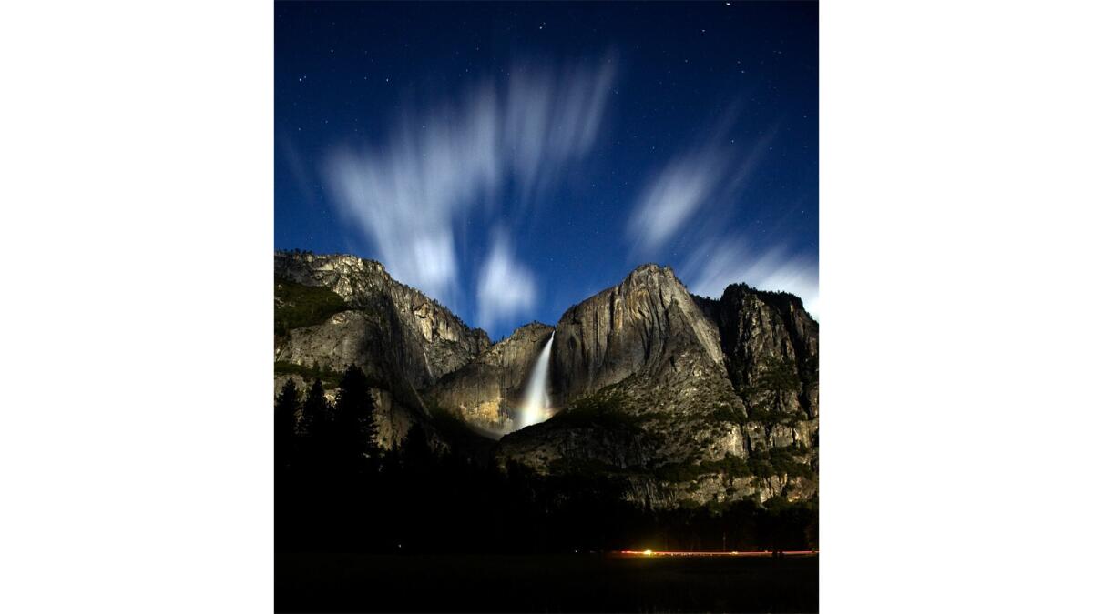 The movement of the clouds at 10 p.m. and slight rainbow can be seen at the base of Upper Yosemite Fall during a 30-second exposure.