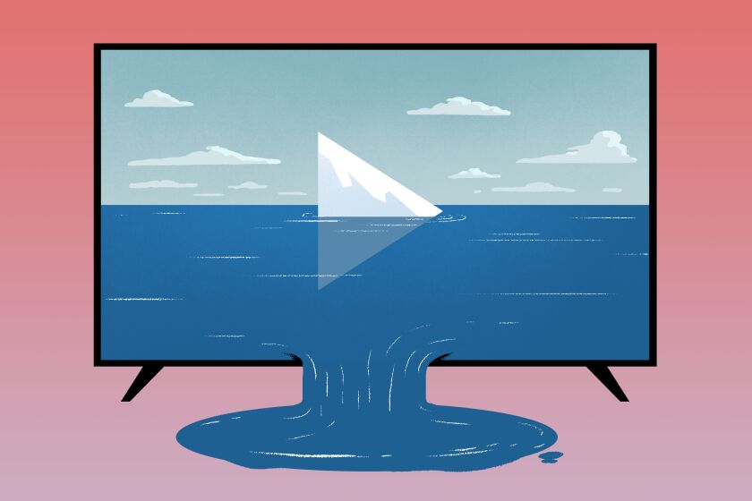 Illustration of a tv with a play button/iceberg in the center. Water is leaking from the screen.