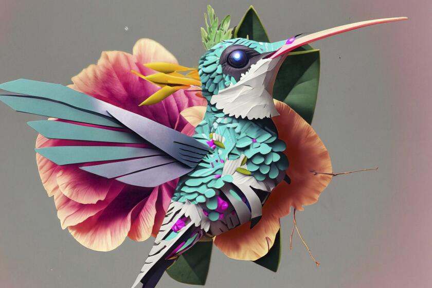 This AI-generated image provided by Adobe shows a hummingbird. Artificial intelligence tools that can conjure whimsical artwork or realistic-looking images from written commands started wowing the public in 2022. But most people don't actually use them at work or home. That could change as leading tech companies are competing to mainstream the use of text-to-image generators for a variety of tasks, integrating them into familiar tools such as Microsoft Paint, Adobe Photoshop, YouTube and ChatGPT. (Adobe via AP)