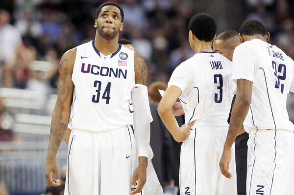 UConn's Alex Oriakhi looks worried in the first half while UConn takes on Butler in the 2011 NCAA Final Four National Championship in Houston, Texas.