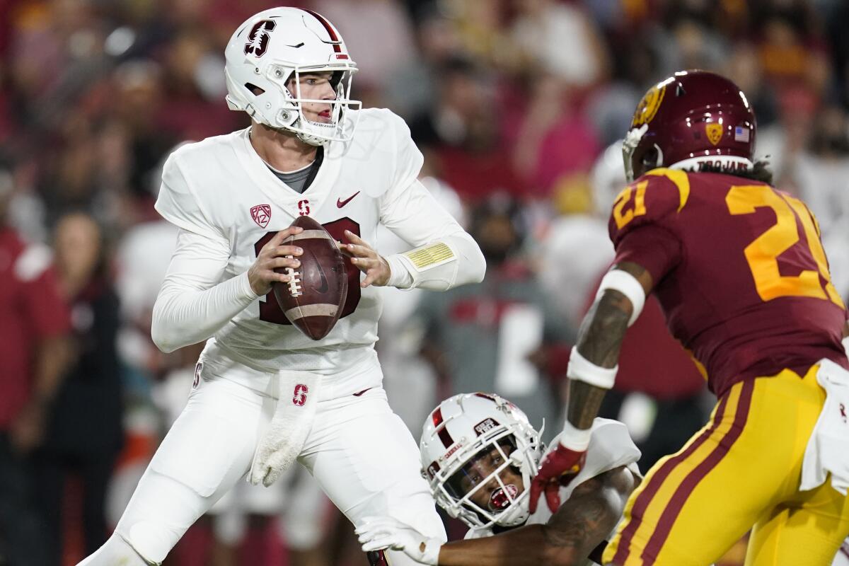 Stanford quarterback Tanner McKee scrambles out of the pocket against Southern California 
