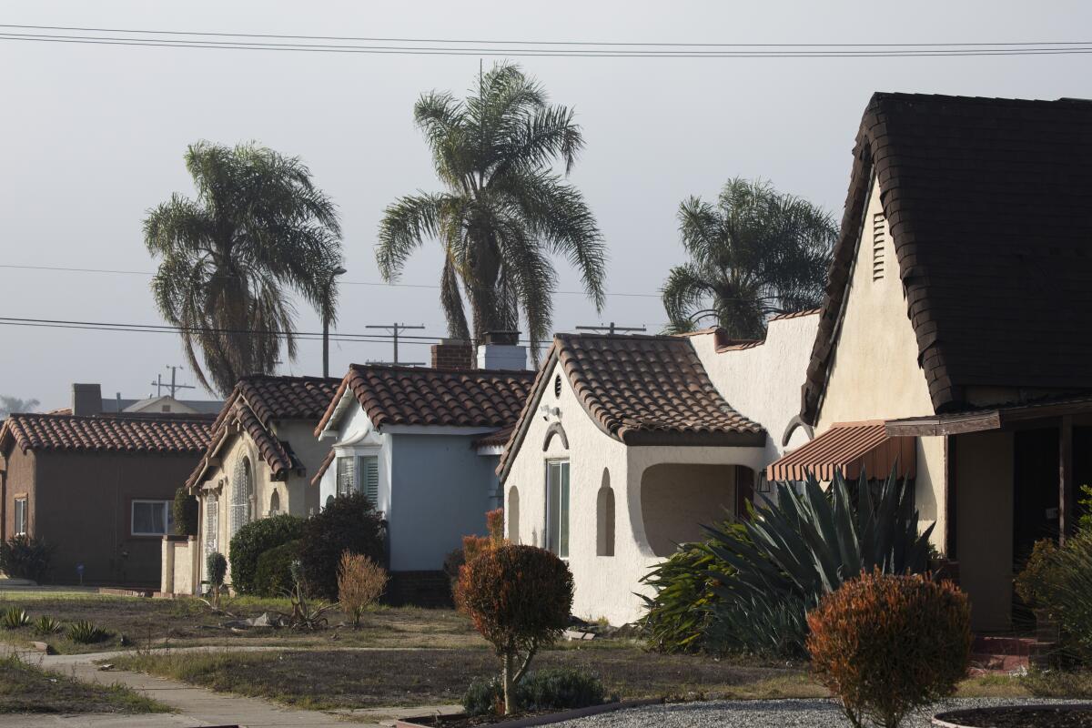 A row of houses with palm trees and power lines visible