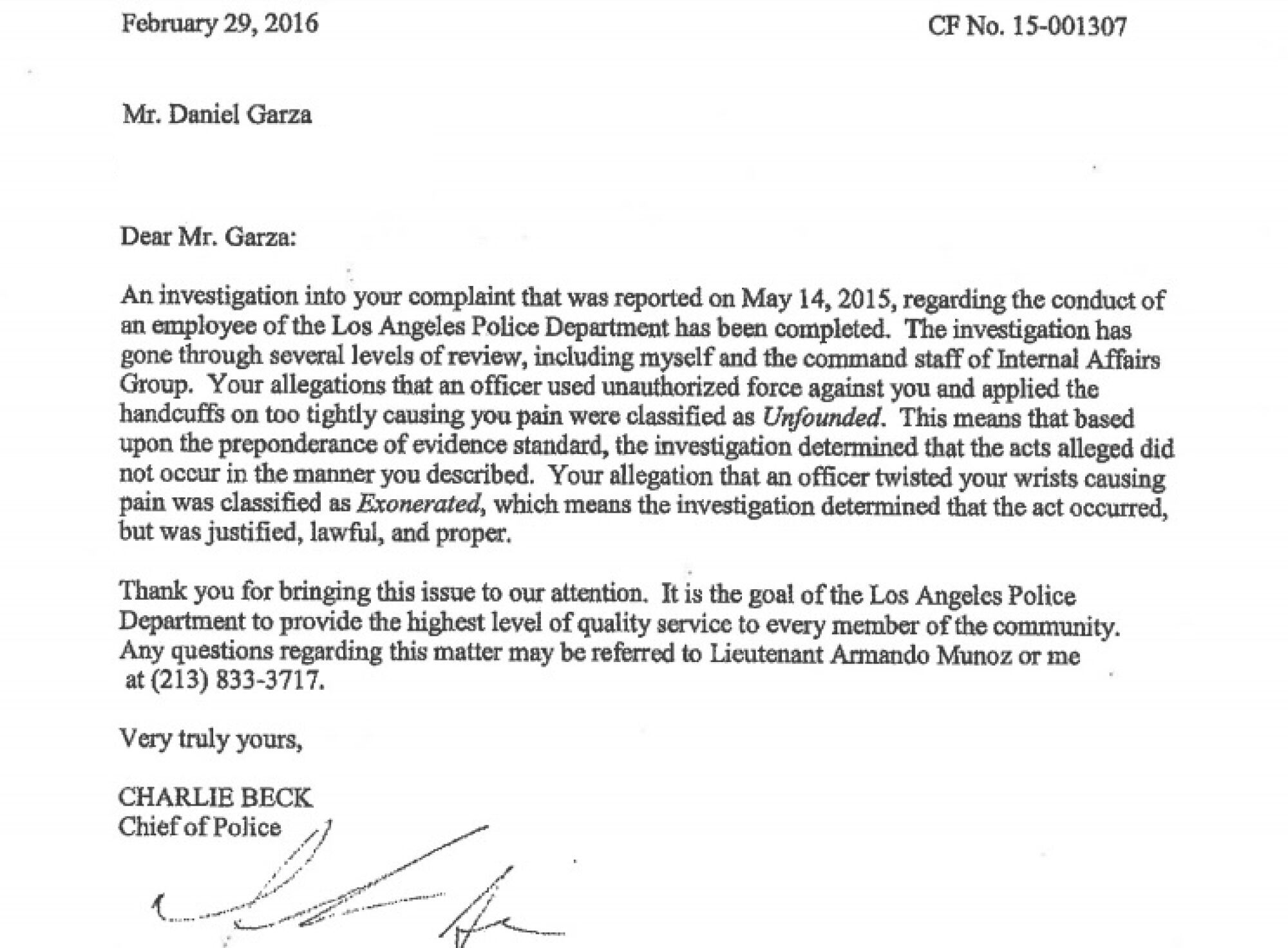 A letter from LAPD to Daniel Garza says his complaint about the wrist hold was classified as "Exonerated."