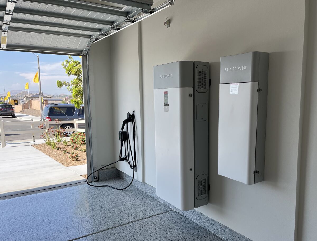 The garage of an all-electric, solar powered home in a new KB Home subdivision in Menifee.