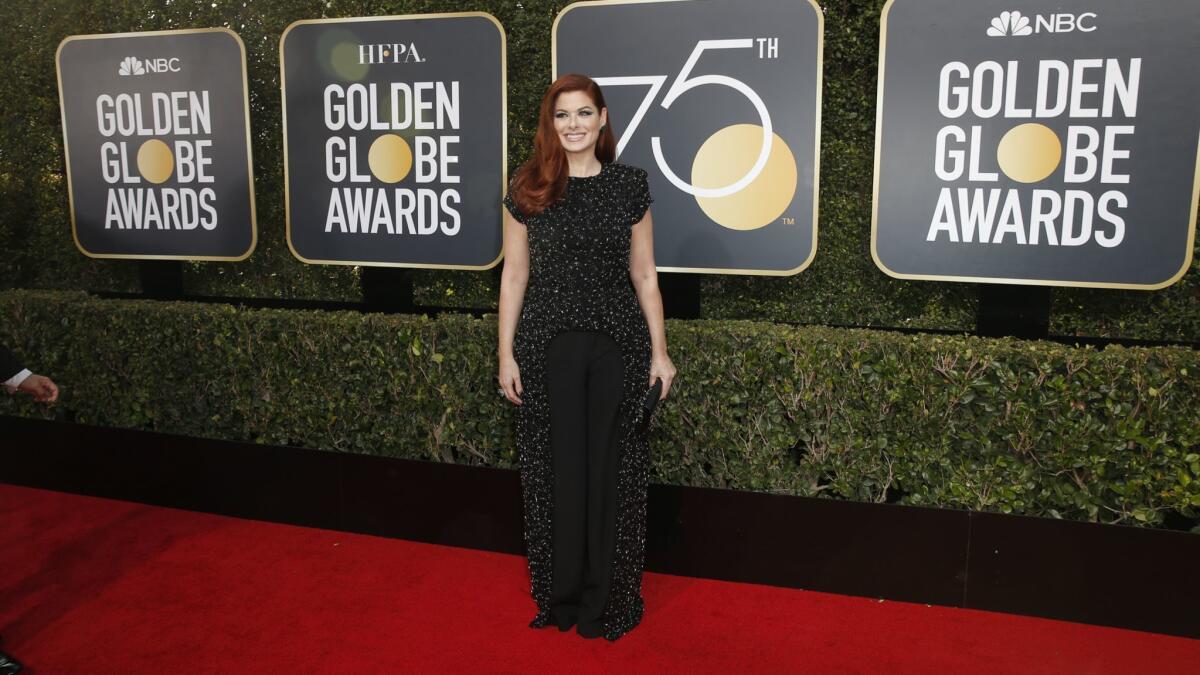 Debra Messing arriving at the 75th Golden Globes at the Beverly Hilton Hotel on January 7, 2018.