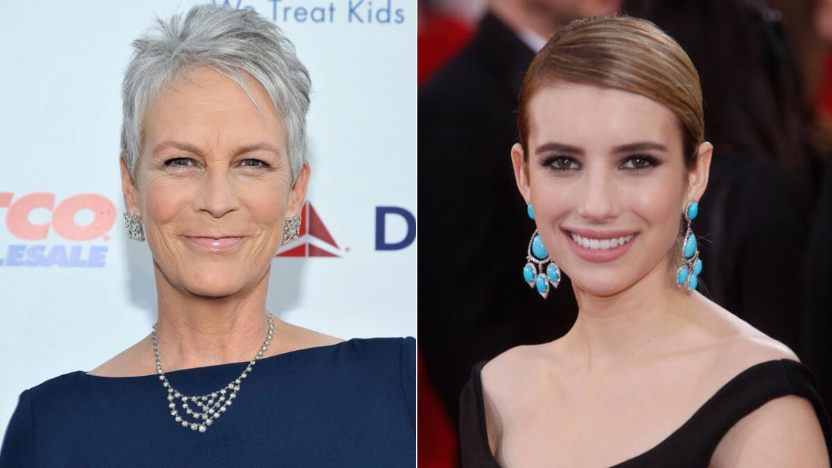 Jamie Lee Curtis, left, and Emma Roberts will star in the Fox series "Scream Queens."